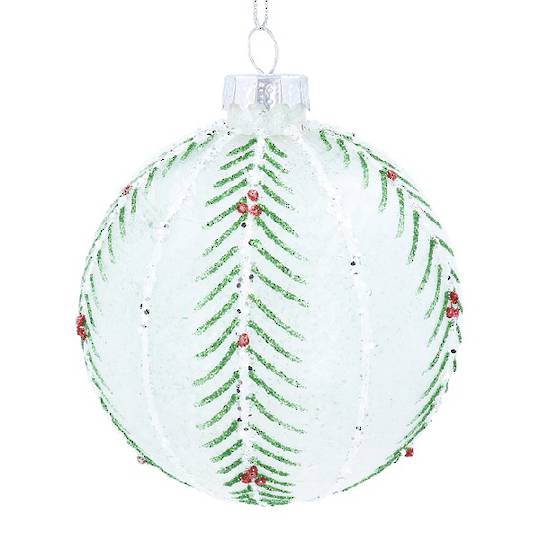 INDENT - Pack 12, Glass Ball White, Pine Spray Stripes 8cm